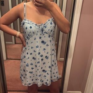 Ruffle Trim Slip Mini Babydoll Blue Floral Spaghetti Strap Dress Size Large